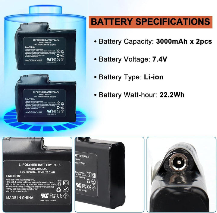 2 Stück 7,4 V 3000 mAh 22,2 Wh Li-Polymer-Akku für b-eheizte Handschuhe, Socken, Mützen, be-heizte S