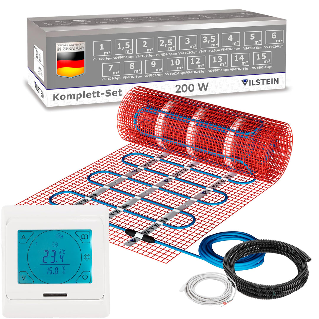 VILSTEIN Elektrische Fussbodenheizung 200W/m², für Fliesen Laminat und mehr, Komplett-Set, TWIN Tech