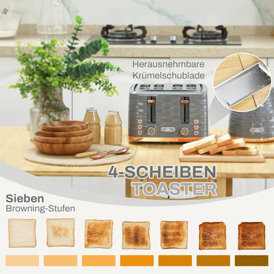 HOMCOM Wasserkocher Toaster Set Frühstück-Set mit 1,7L Wasserkocher, 4 Scheiben Toaster, 2200 W, 7 B