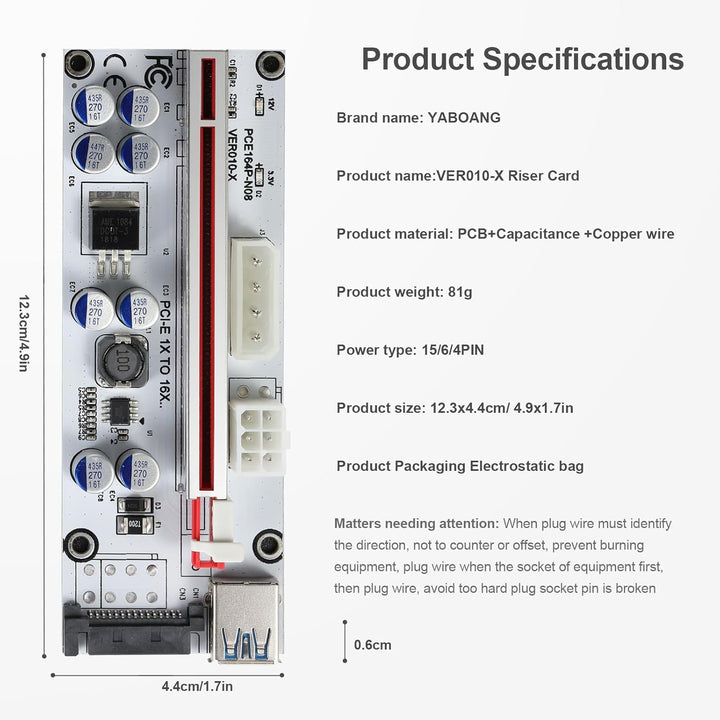 YABOANG PCIE Riser 1 x bis 16 x Grafikerweiterung für Bitcoin GPU Mining Powered Riser-Adapterkarte,