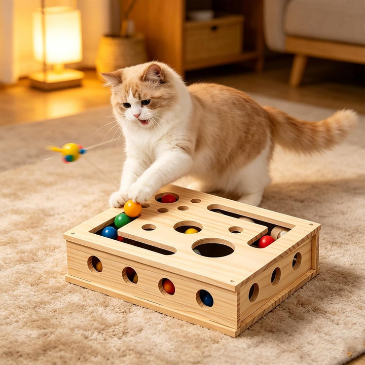 Kratzpuzzle Spielbox Holz: 30 x 25 cm Beschäftigungsbox Krallenfeile Katzen mit mattierten Aufkleber