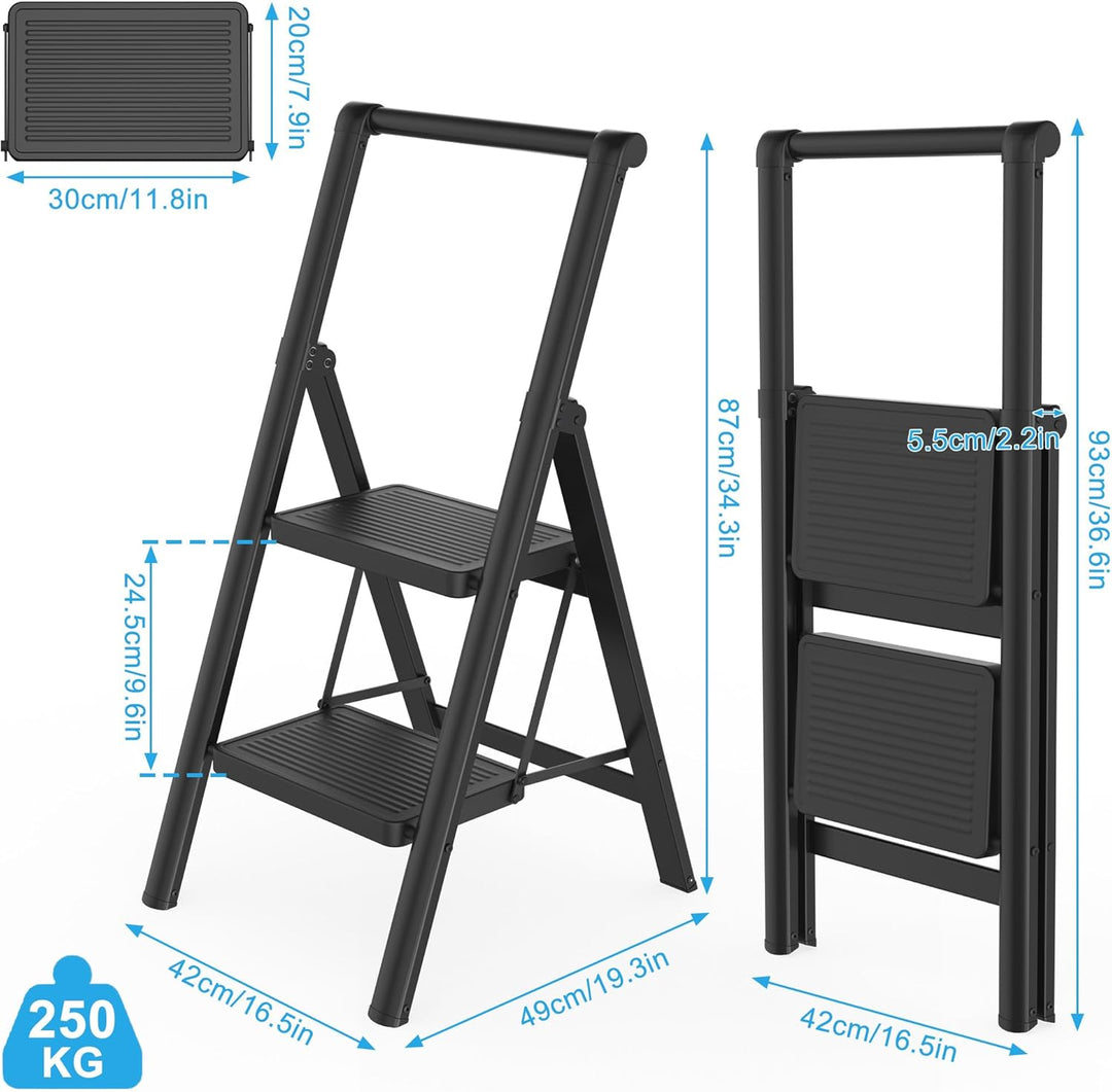 Aufun Trittleiter 2 Stufen, Klappleiter mit breitem Anti-Rutsch-Pedal, Mit Handlauf Haushaltsleiter