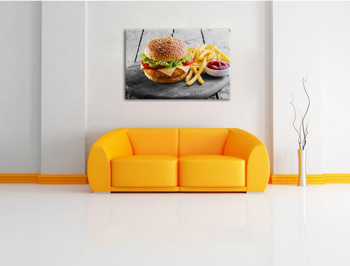 Pixxprint Chickenburger Pommes als Leinwandbild/Grösse: 100x70 cm/Wandbild/Kunstdruck/fertig bespann
