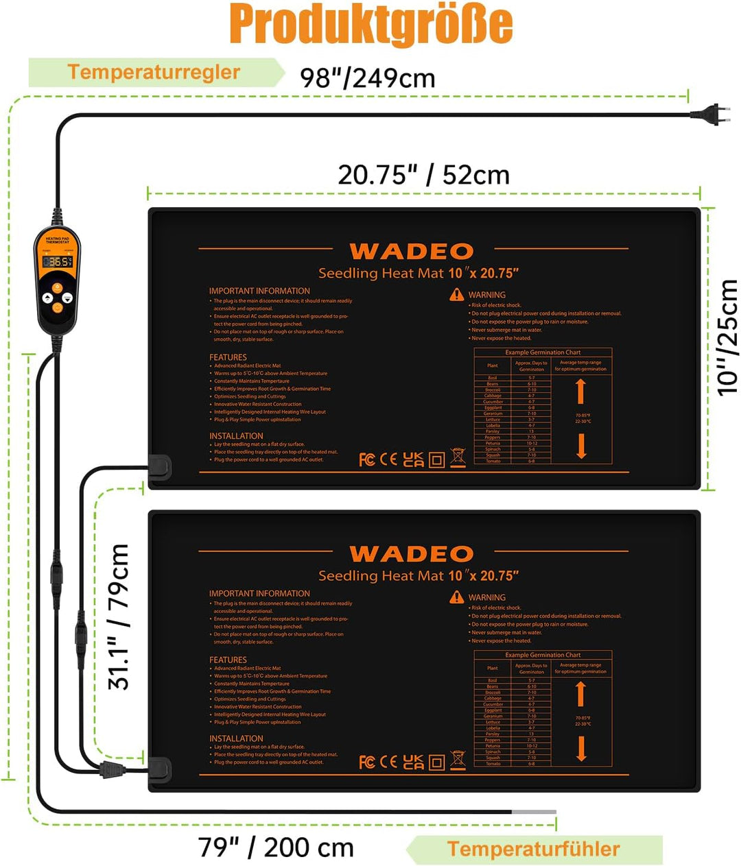 WADEO Heizmatte Pflanzen mit Thermostat 50W, 2 Matten mit 1 Controller, Sämlinge Heizmatte mit autom