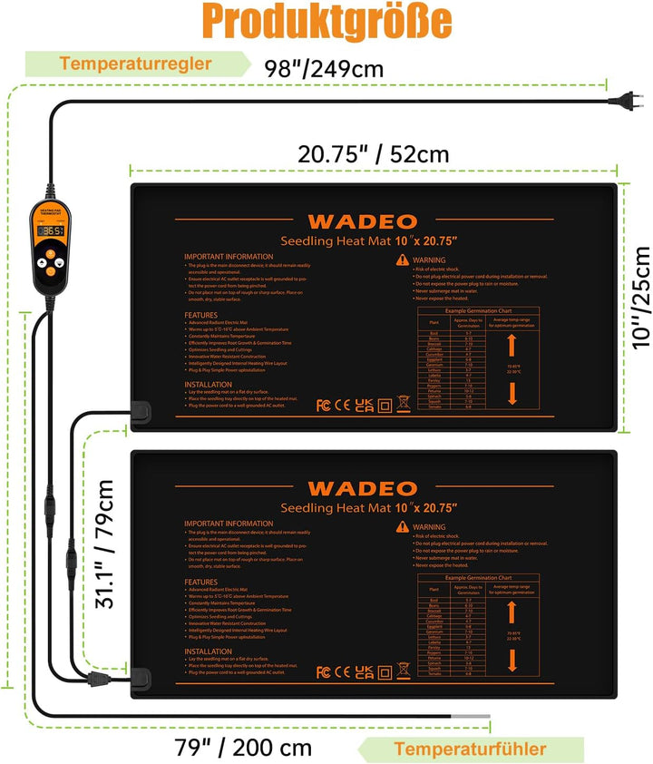 WADEO Heizmatte Pflanzen mit Thermostat 50W, 2 Matten mit 1 Controller, Sämlinge Heizmatte mit autom