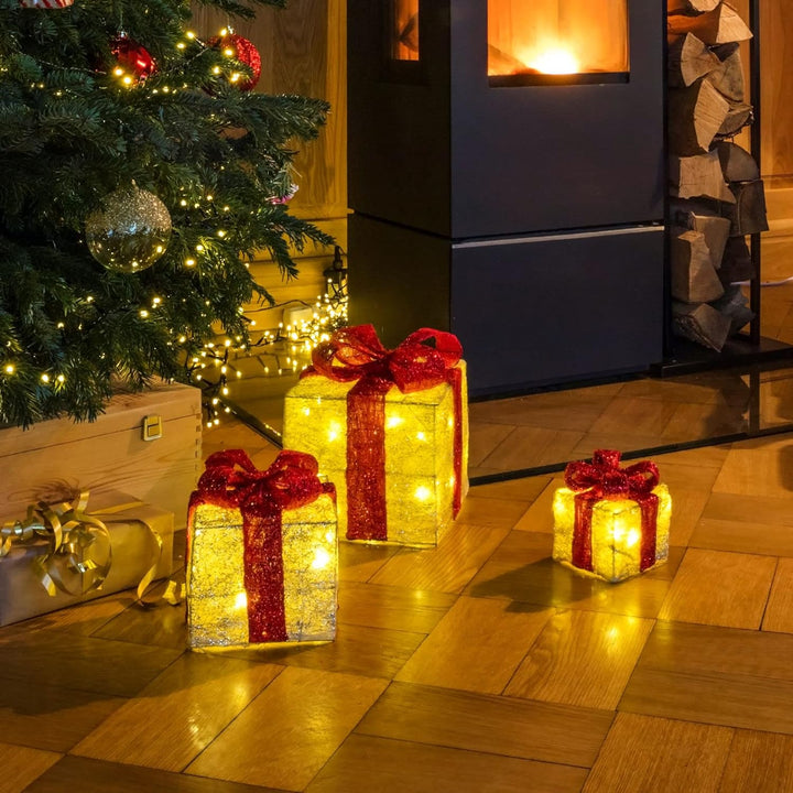 LED Geschenkboxen mit Timer 3er Set - ROT - Weihnachts Dekoboxen warm weiss beleuchtet - Weihnachten