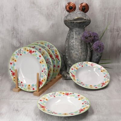 MamboCat 6er Set Variant Blümchen Suppenteller I farbige tiefe Porzellan-Teller für 6 Personen I bun