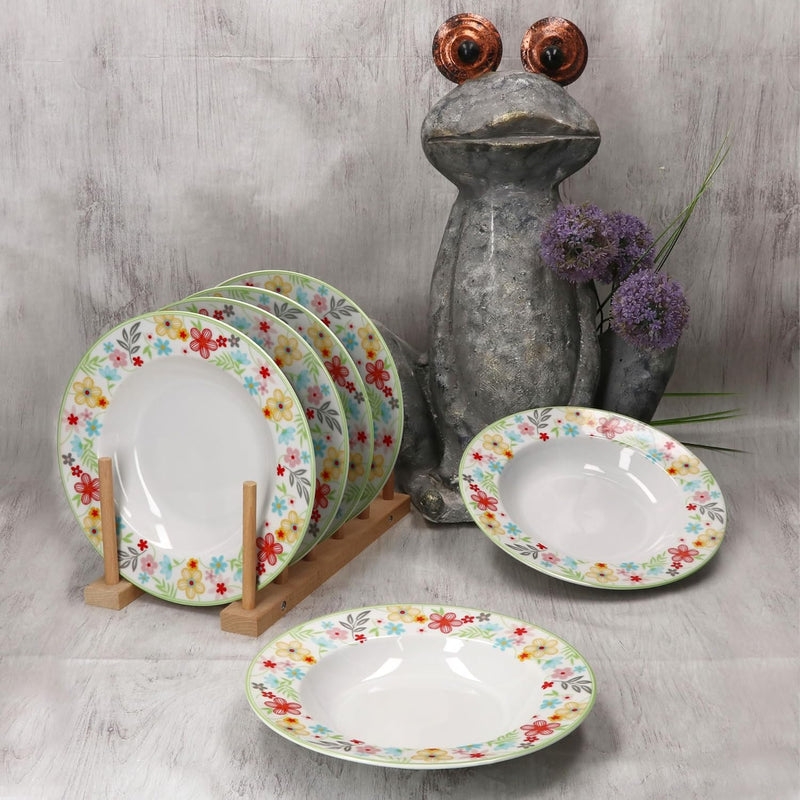 MamboCat 6er Set Variant Blümchen Suppenteller I farbige tiefe Porzellan-Teller für 6 Personen I bun
