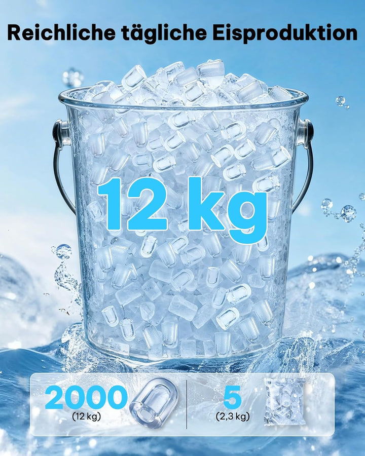 Silonn Eiswürfelmaschine Klein, 8 Eiswürfel in 6 Min, 12 kg/24H, 2 Bullet-Eisgrössen, Tragbare Selbs