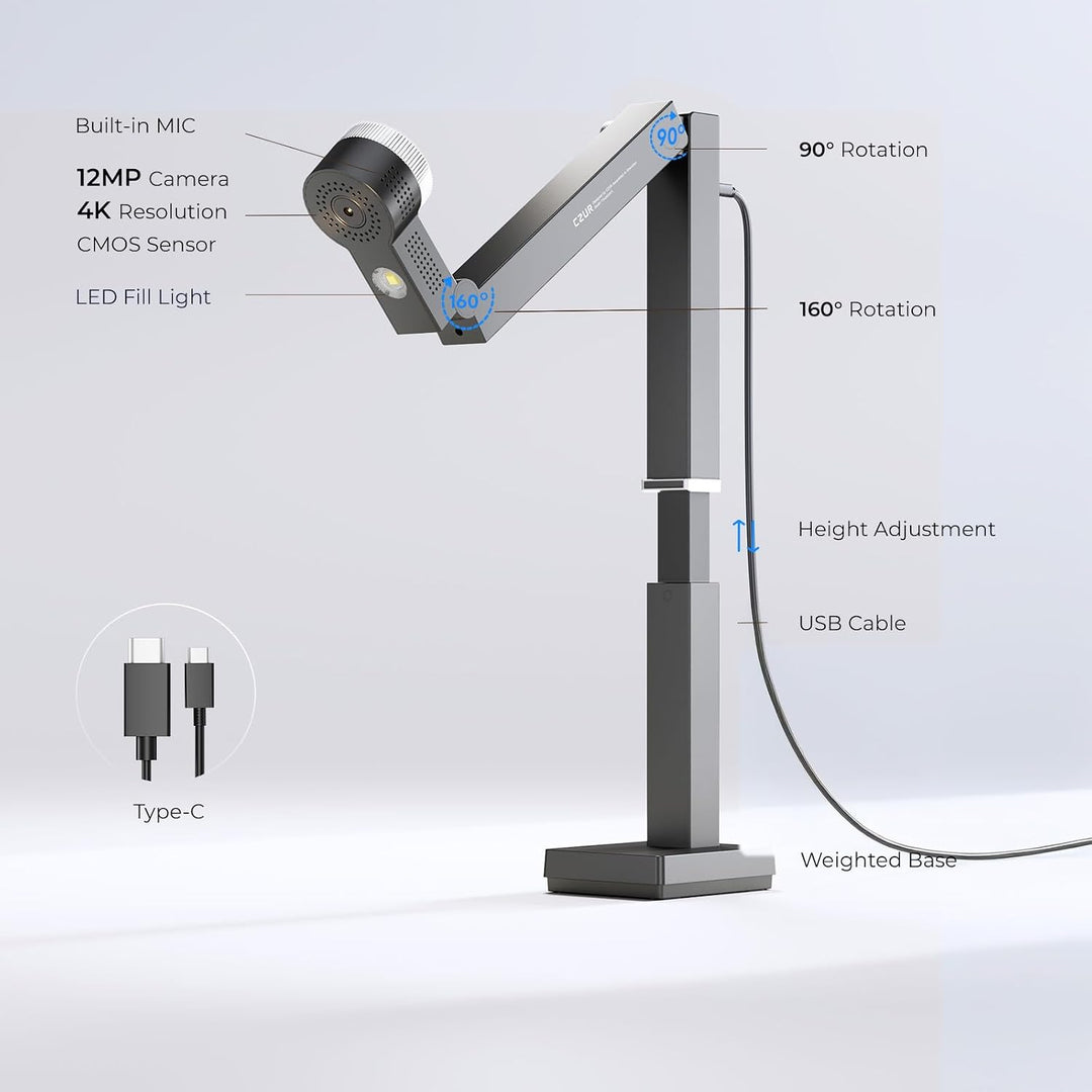 CZUR Fancy S Pro 4K USB-Dokumentenkamera & 12MP Webcam mit LED-Licht und Mikrofon, bis zu 60 fps, Au