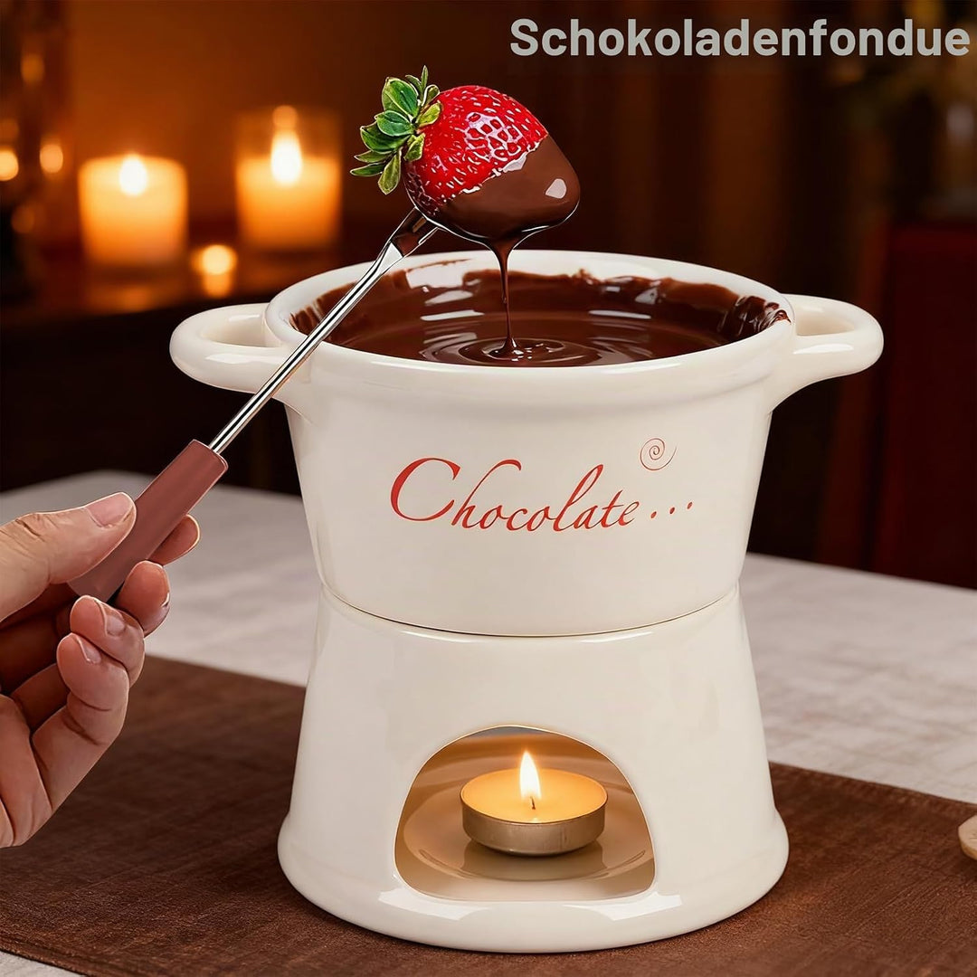 BigKing Schokoladen- und Käse-Tiegel, 300 ml, Schokoladenfondue aus Keramik mit 4 Gabeln und 4 Teeli
