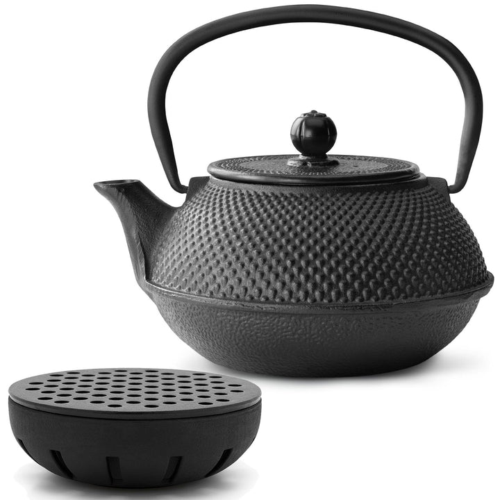 Teekanne asiatisch Gusseisen Set schwarz 0.8 Liter Teekessel mit Henkel & Edelstahl Tee-Filter-Sieb-