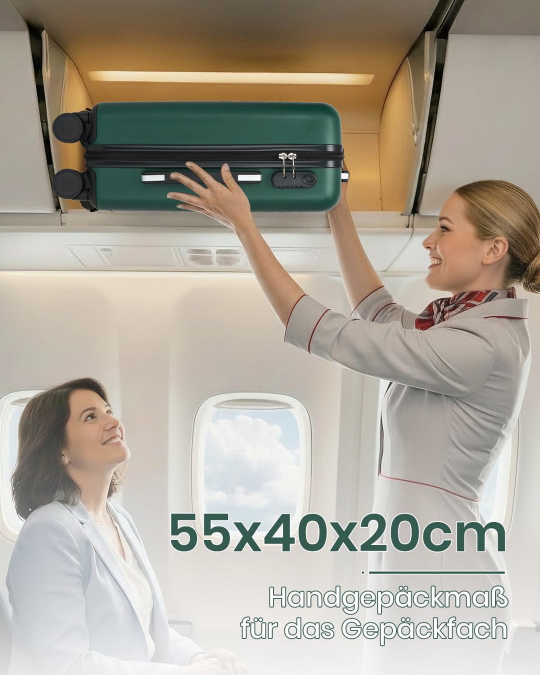 KONO Handgepäck Koffer 55x40x20cm, 34L Hartschalenkoffer mit 4 Rollen, Koffer Trolleys für Kurztrips