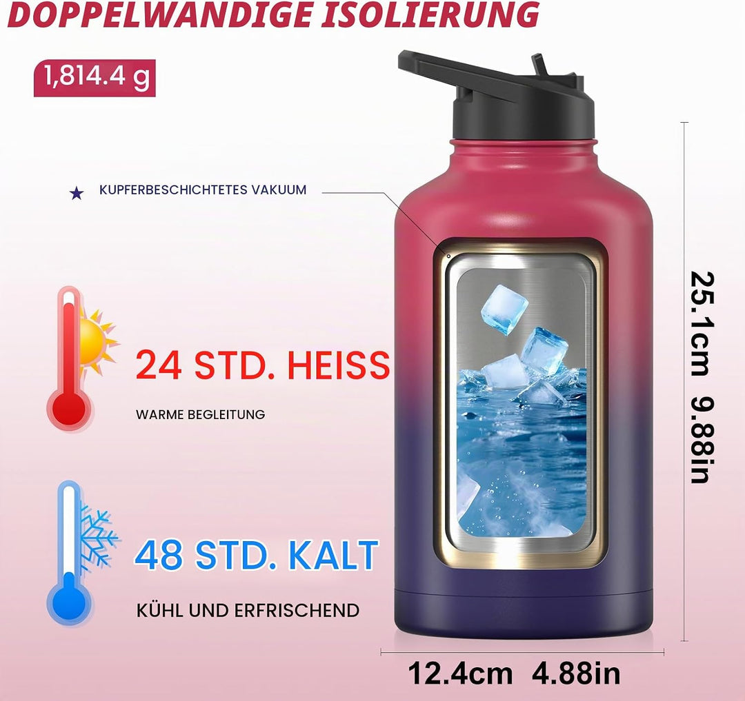 WATERSY Isolierte Edelstahl Trinkflasche 64oz Vakuumisolierte Thermosflasche mit 2 Deckel Auslaufsic