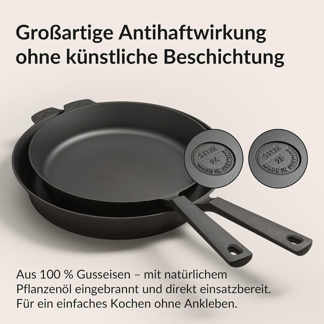 STUR - ORIGINAL PREMIUM-Set Gusseisenpfanne Induktion 24cm &amp; 28cm inkl. 2x Echtleder Griffschutz, Pf