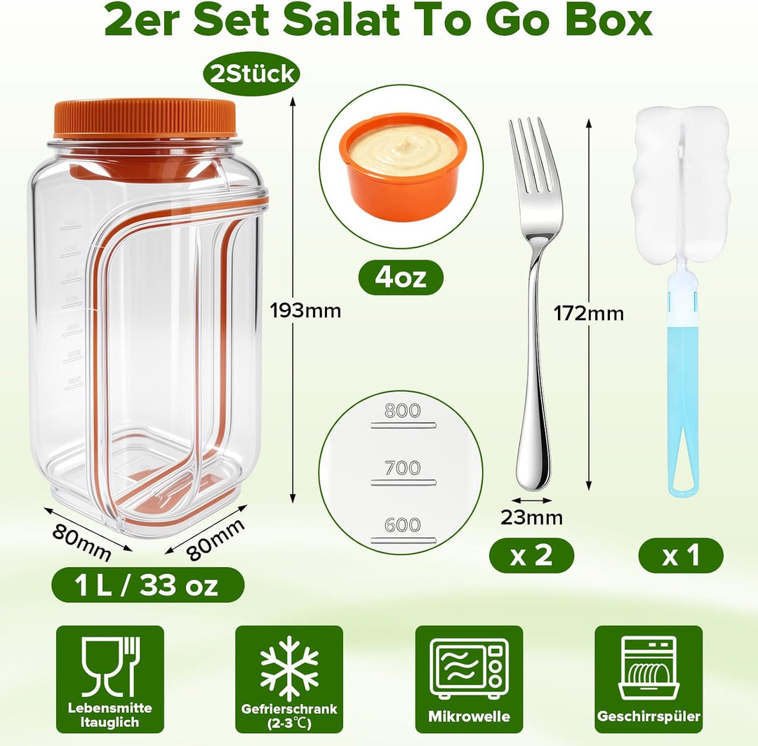 Mssushi 2er Set Salat To Go Box Mit Seitlicher Öffnung, 1L/35oz Prepara Salad Jar mit 2 Gabel, Ausla