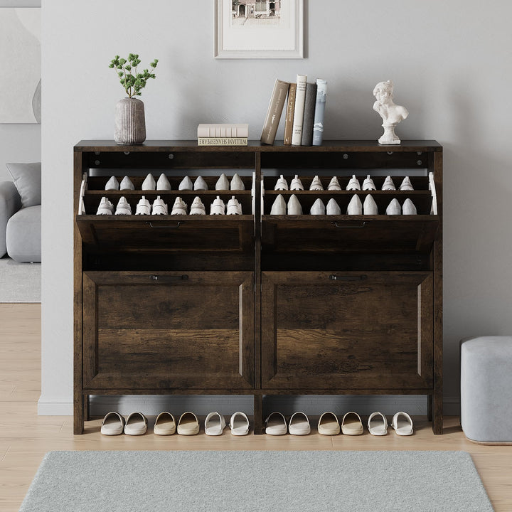 Schuhschrank mit 2 Klappschubladen，120x 81x23cm，Schmaler freistehender Schuh-Organizer，für Eingangsb
