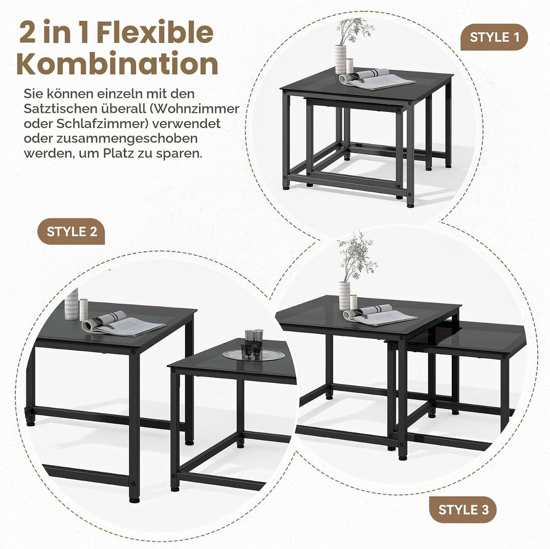 Hawthyhome 2 Stücke quadratisch Set, Couchtisch aus Glas mit Metallrahmen,Moderne Kaffeetische Satzt