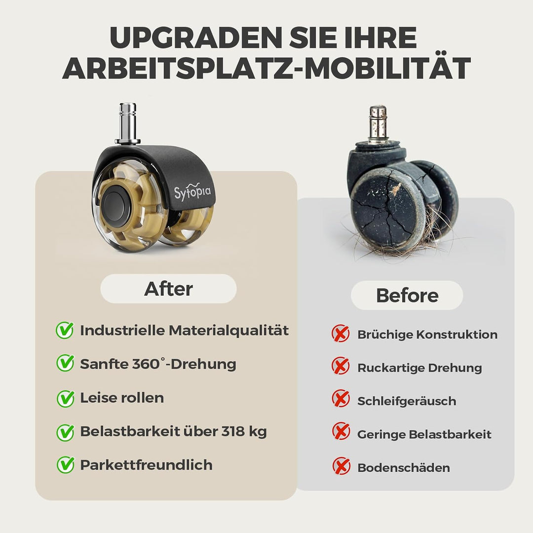 Sytopia Universal Bürostuhlrollen, 5er Set Bürostuhl Rollen 11x22MM, Perfekte Leise Gummirollen für