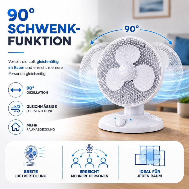 Leiser Tischventilator (30 cm) mit 90° Schwenkfunktion Ventilator – tragbares Design, 3 Leistungsstu