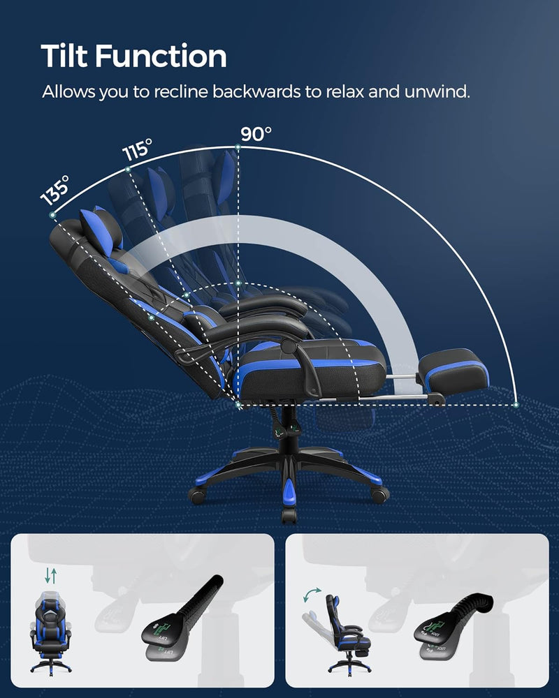 SONGMICS Gaming Stuhl, Bürostuhl mit Fussstütze, Schreibtischstuhl, ergonomisches Design, verstellba