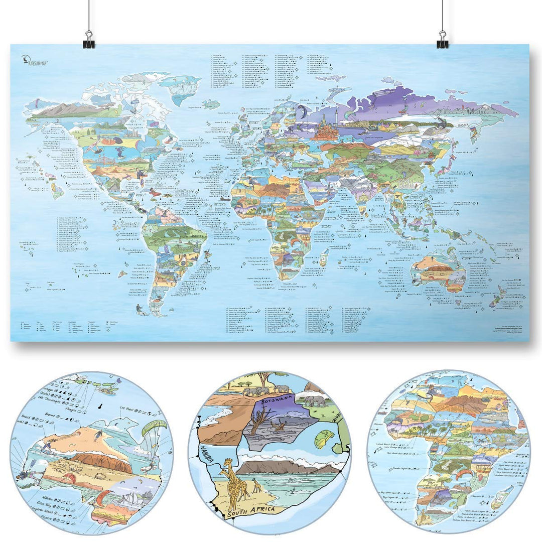 Kitesurf Weltkarte | AWESOME MAPS | Entdecke die 300 Besten Wellen der Welt - 97,5 x 56cm Poster (Ki