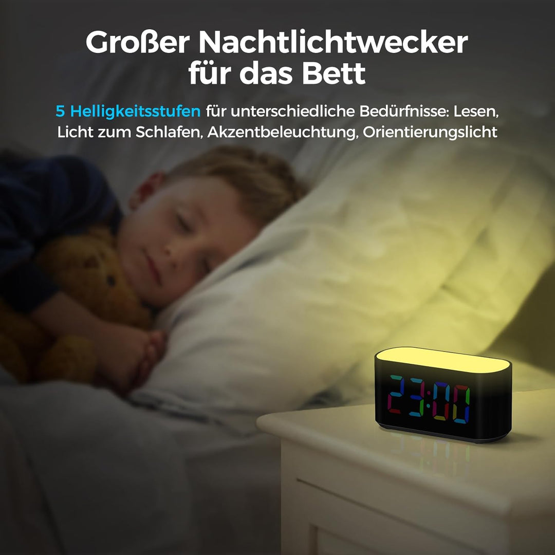 DOUMOSH Wecker Kinder mit Nachtlicht, RGB Nachtlicht, 0-100% Helligkeitsdimmer, Farbenfroh Display,