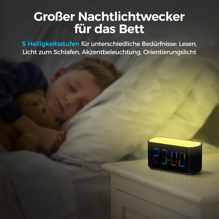 DOUMOSH Wecker Kinder mit Nachtlicht, RGB Nachtlicht, 0-100% Helligkeitsdimmer, Farbenfroh Display,