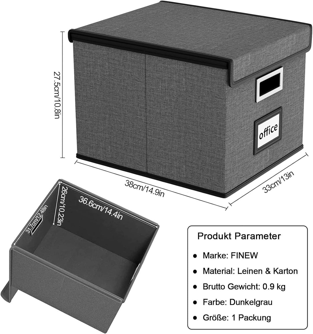 FINEW Stoff Faltbare Aufbewahrungsbox mit Deckel, Hängemappenbox für DIN A4 Hängeregister, Aufbewahr