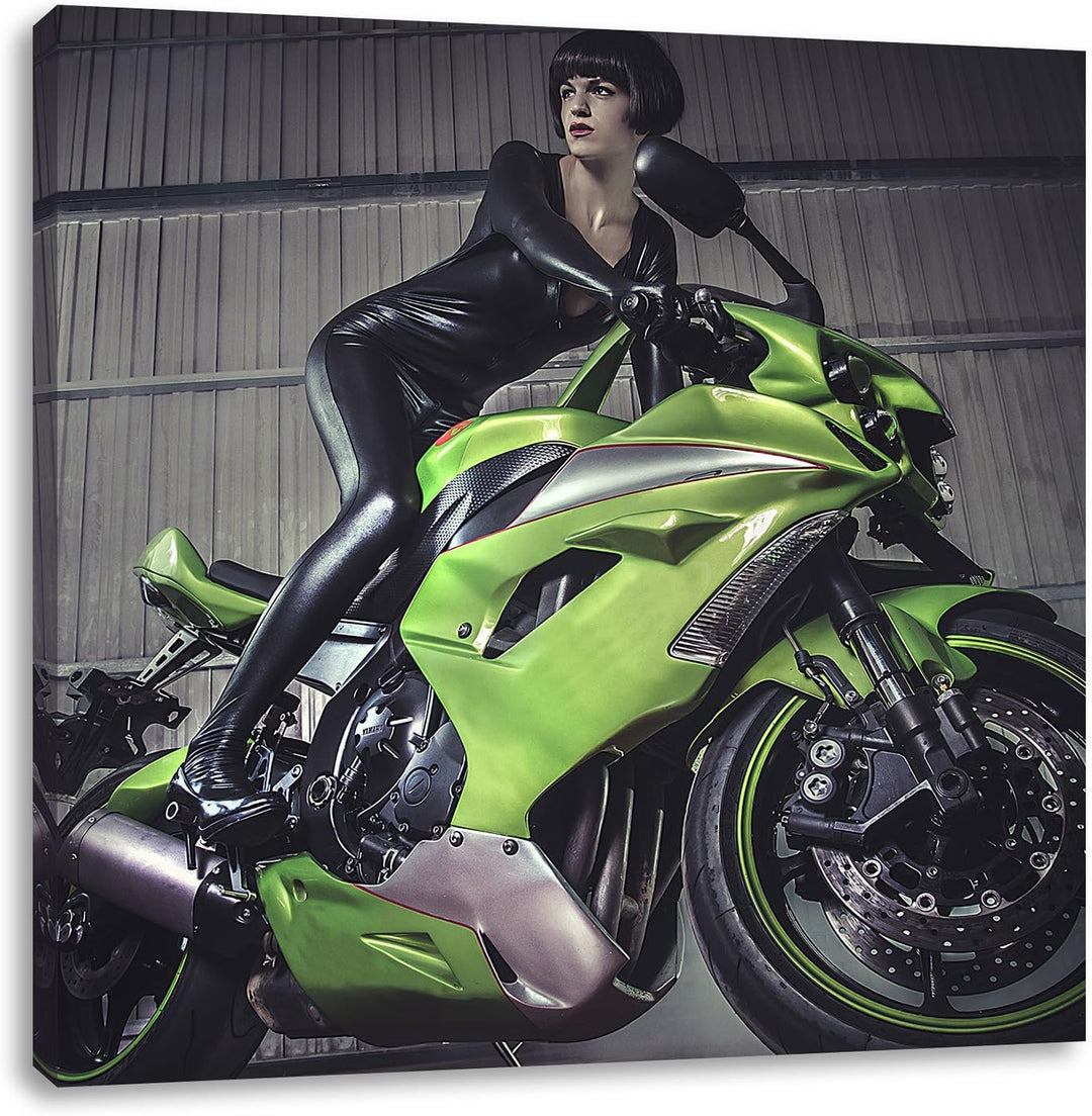 Pixxprint Sexy Neon grünes Bike mit Model 70x70cm Leinwandbild Wandbild Kunstdruck