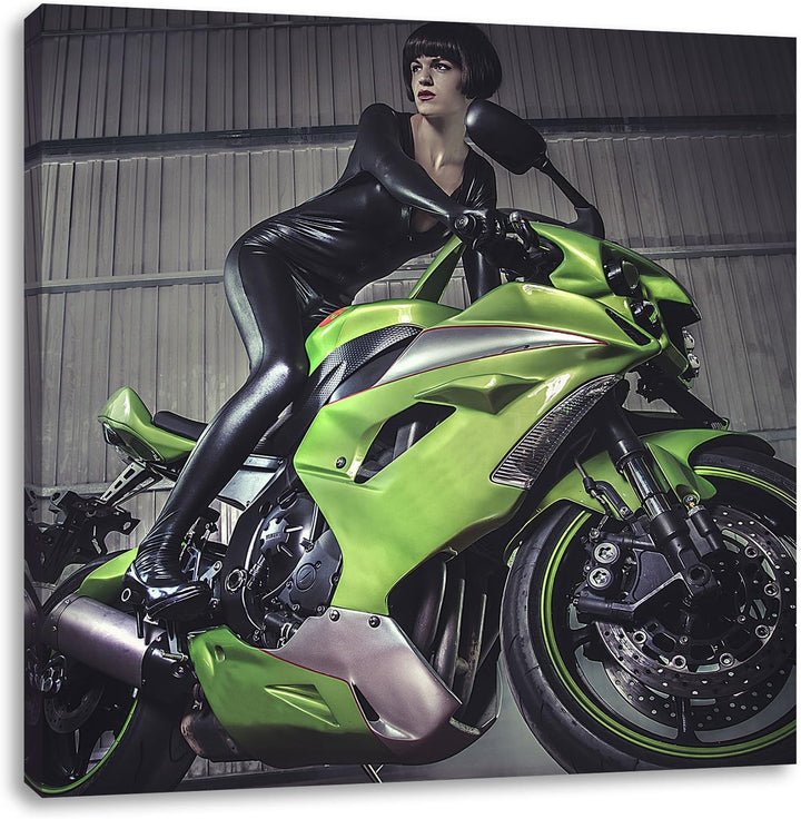 Pixxprint Sexy Neon grünes Bike mit Model 70x70cm Leinwandbild Wandbild Kunstdruck