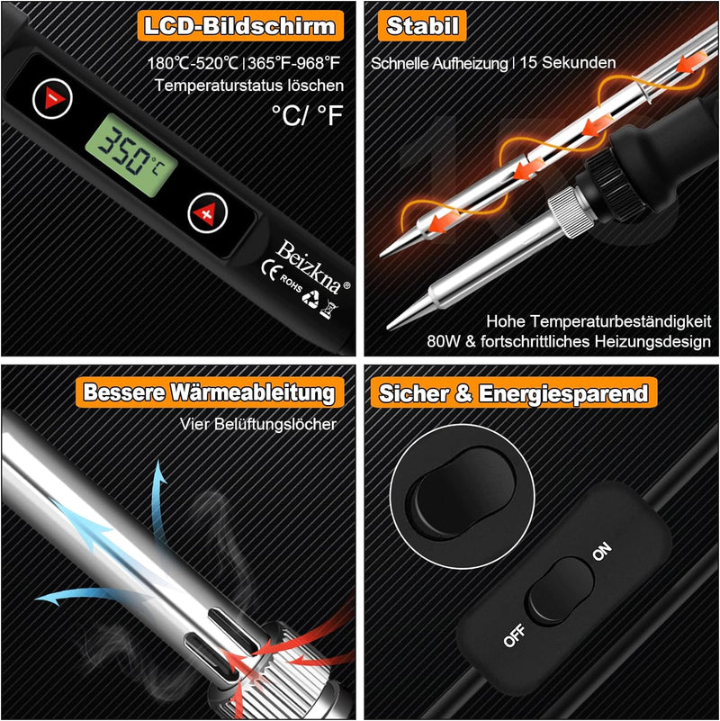 Lötkolben Set 80W LCD Einstellbar Temperatur 180-520°C Lötkolben mit Ein/Aus Schalter, 50g Lötdraht,