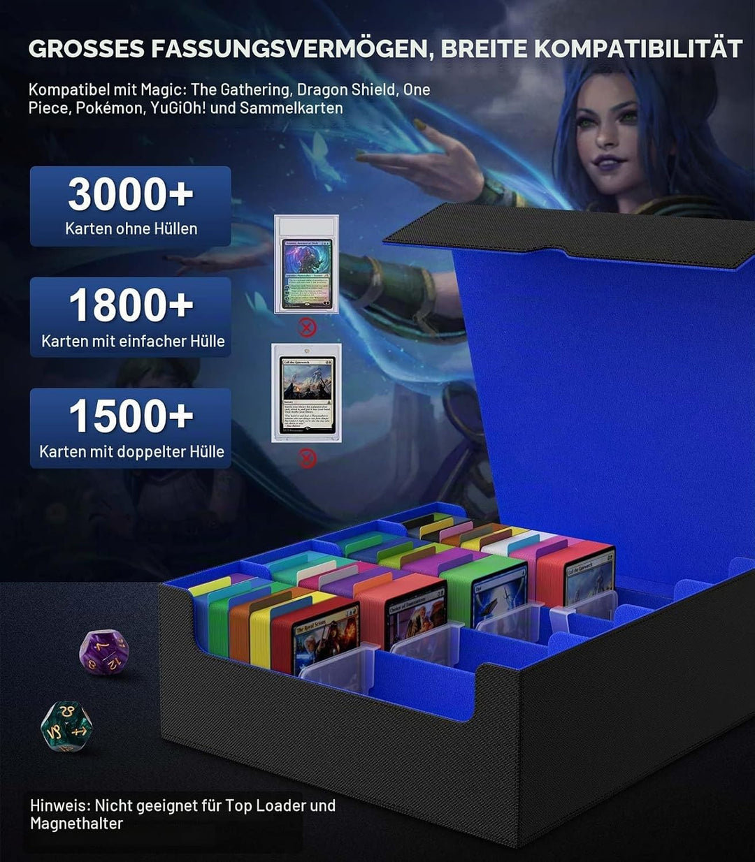 MoKo Sammelkarten Aufbewahrungsbox, 3000+ MTG Deck Box mit 24 bunten Trennwänden &amp; 4 Fächern, Spielk