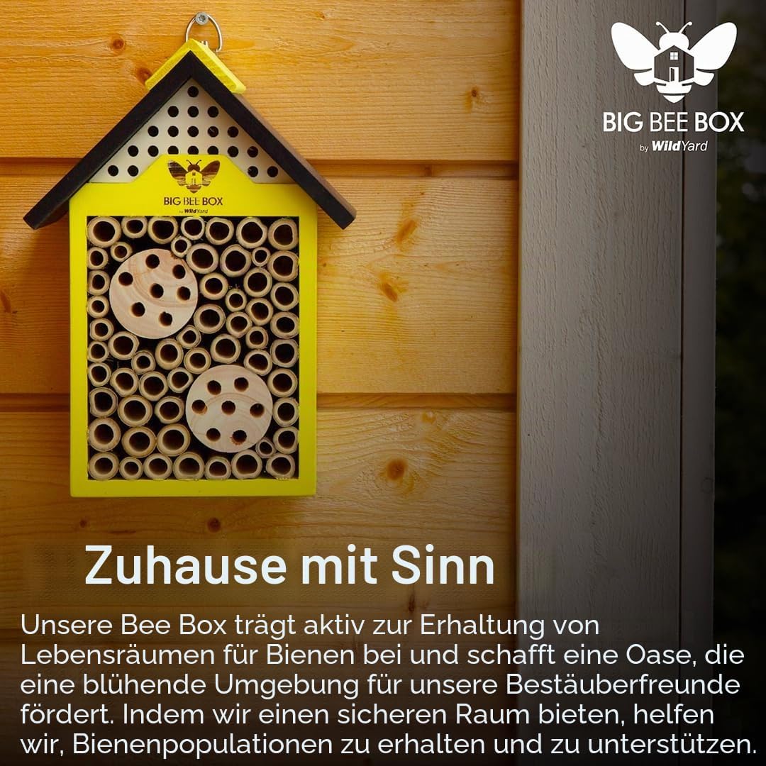 WildYard Big Bee Box - Bienenhaus aus Holz für Draussen, Gelb - Lockt Mauerbienen am Balkon - Kompak