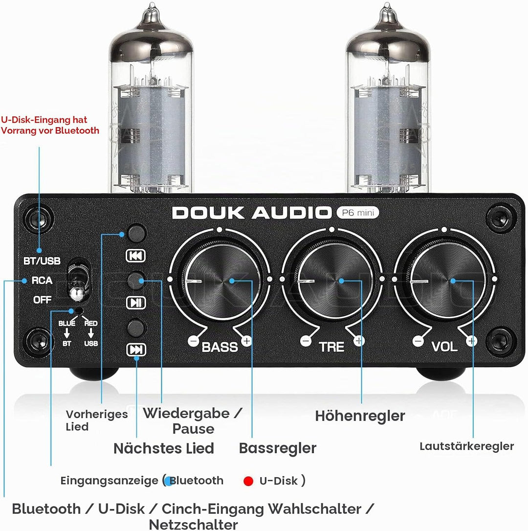 Douk Audio P6-mini HiFi Bluetooth Röhrenvorverstärker Mini Stereo Valve Vorverstärker Tube Preamp mi