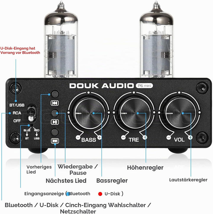 Douk Audio P6-mini HiFi Bluetooth Röhrenvorverstärker Mini Stereo Valve Vorverstärker Tube Preamp mi