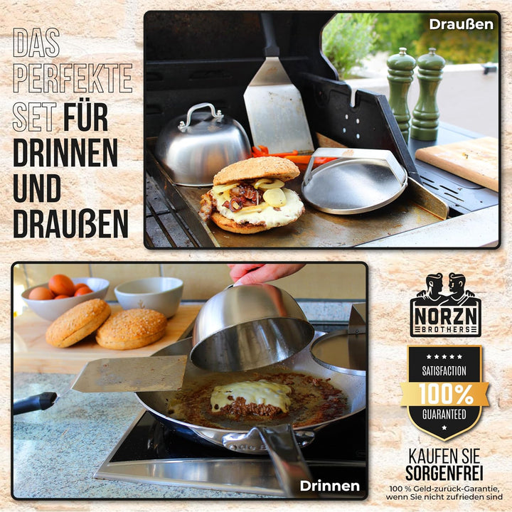 Smash Burger Set – Burger Smasher Set inkl. Hamburgerpresse, Burgerglocke Edelstahl 304, Grillspacht
