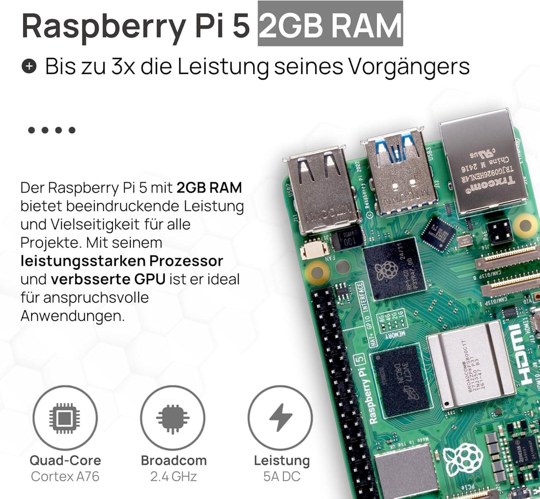Raspberry Pi 5 2GB Cooler-Kit | 64GB Edition | Offizielles Netzteil 27W | Airflow Gehäuse | Active C