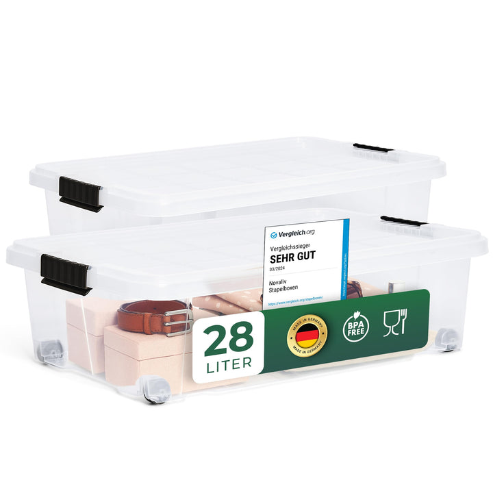 Novaliv 2x Unterbettkommode mit Rollen 28L Aufbewahrungsbox Deckel transparente Nestbar stapelbare m
