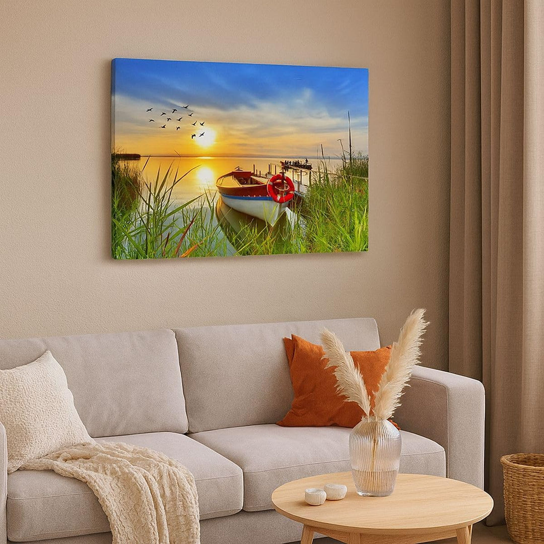 Bilder auf Leinwand Boot See Sonnenuntergang Sommer Menschen Leinwandbild 70x50cm Wandbilder Dekorat