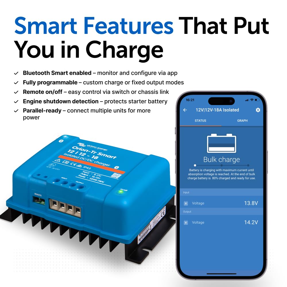 Victron Energy Orion-Tr Smart 12/12-Volt 18 Amp 220-Watt DC-DC Ladebooster, Isoliert (Bluetooth) 12/