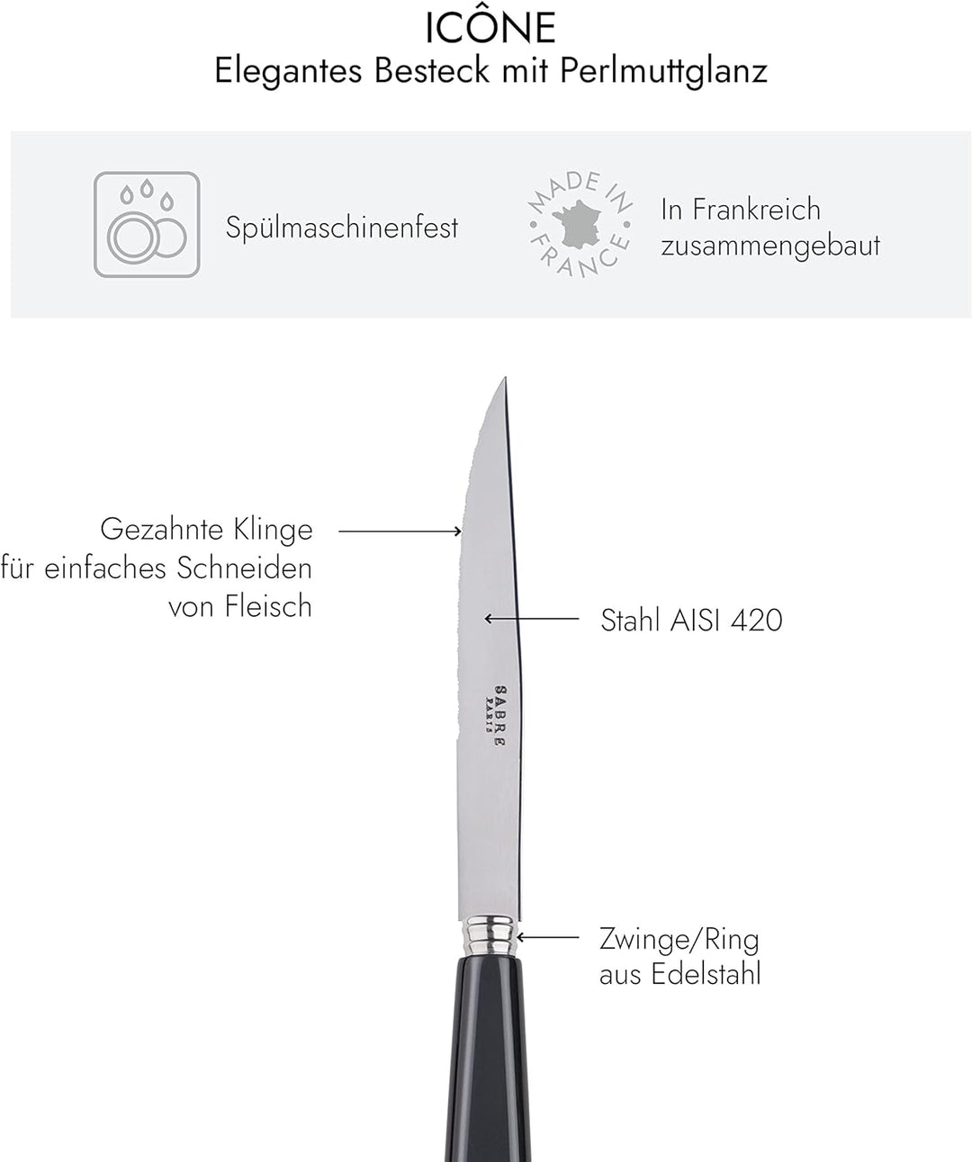 SABRE PARIS - 6er Set Steakmesser Mit Wellenschliff - Icon - Fleischmesser - Edelstahl & Acryl - Spü