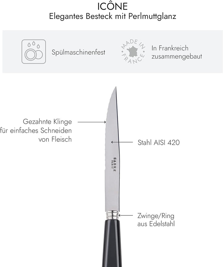 SABRE PARIS - 6er Set Steakmesser Mit Wellenschliff - Icon - Fleischmesser - Edelstahl & Acryl - Spü