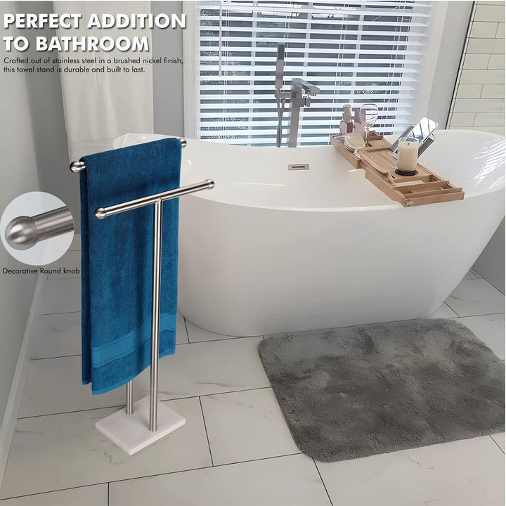 WAYDELI Stehender Handtuchhalter, Doppel-T-Form, hoher Badetuch-Lakenhalter mit Marmor-Design Basis