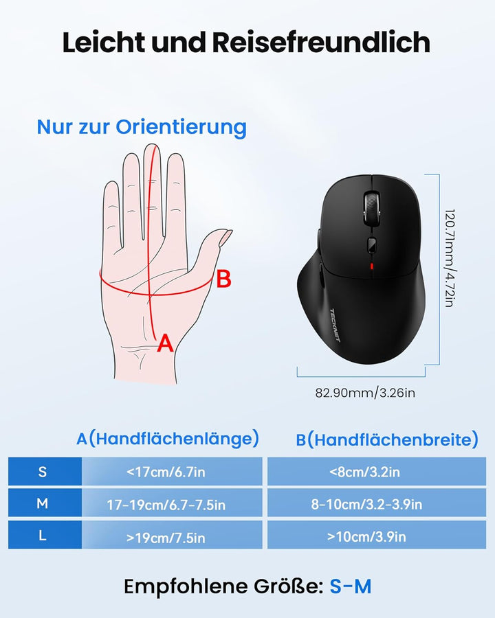 TECKNET Bluetooth Maus Wiederaufladbar, Maus Kabellos (Tri-Modi: BT5.0/3.0 + 2.4G) mit Ergonomische
