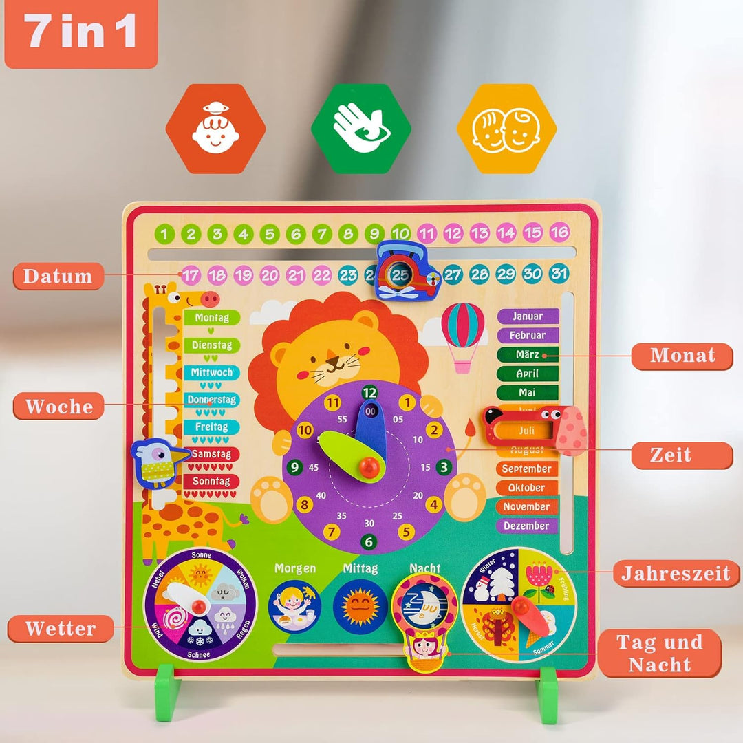 Atoylink Lernuhr Kinder Holz Lerntafel Uhr Jahreszeiten Kalenderuhr Deutsche Sprache Holzspielzeug L