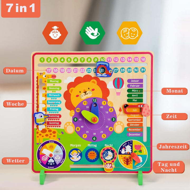 Atoylink Lernuhr Kinder Holz Lerntafel Uhr Jahreszeiten Kalenderuhr Deutsche Sprache Holzspielzeug L