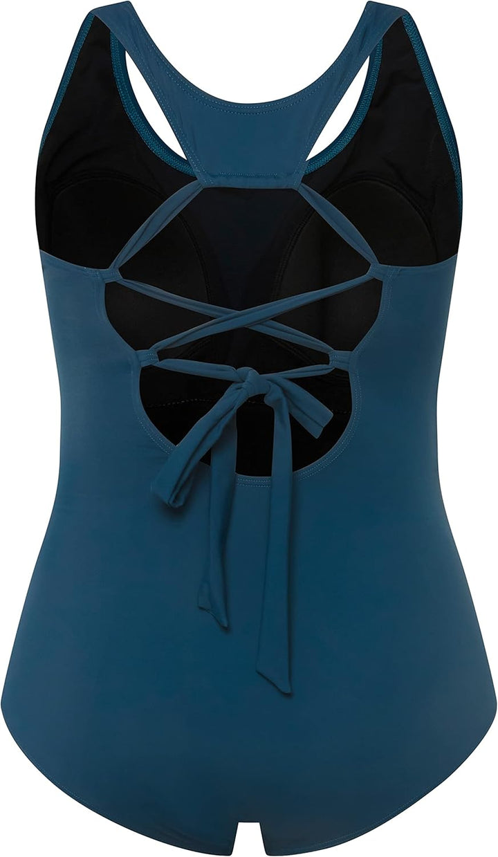 Ulla Popken Damen, Zierknoten, Softcups, Zierbänder Badeanzug, Dunkles Petrol