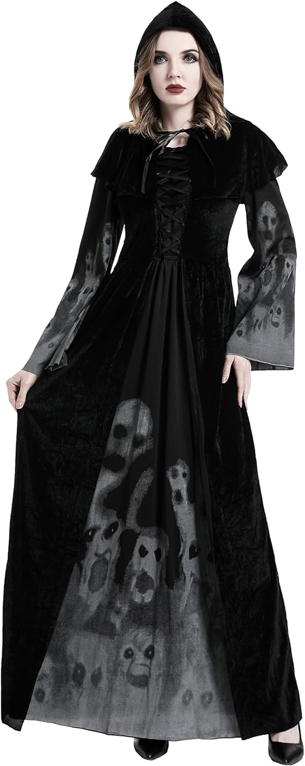 Buen Don Damen Hexen Kostüm, Halloween Cosplay Zombie Kostüm Hexe Mit Kapuze Robe (XL), XL