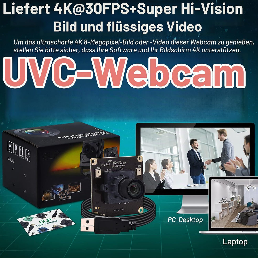 ELP 4K Ultra HD Webcam Unterstützung 3840x2160@30fps mit No-Distortion Objektiv, IMX317 Sensor PC We